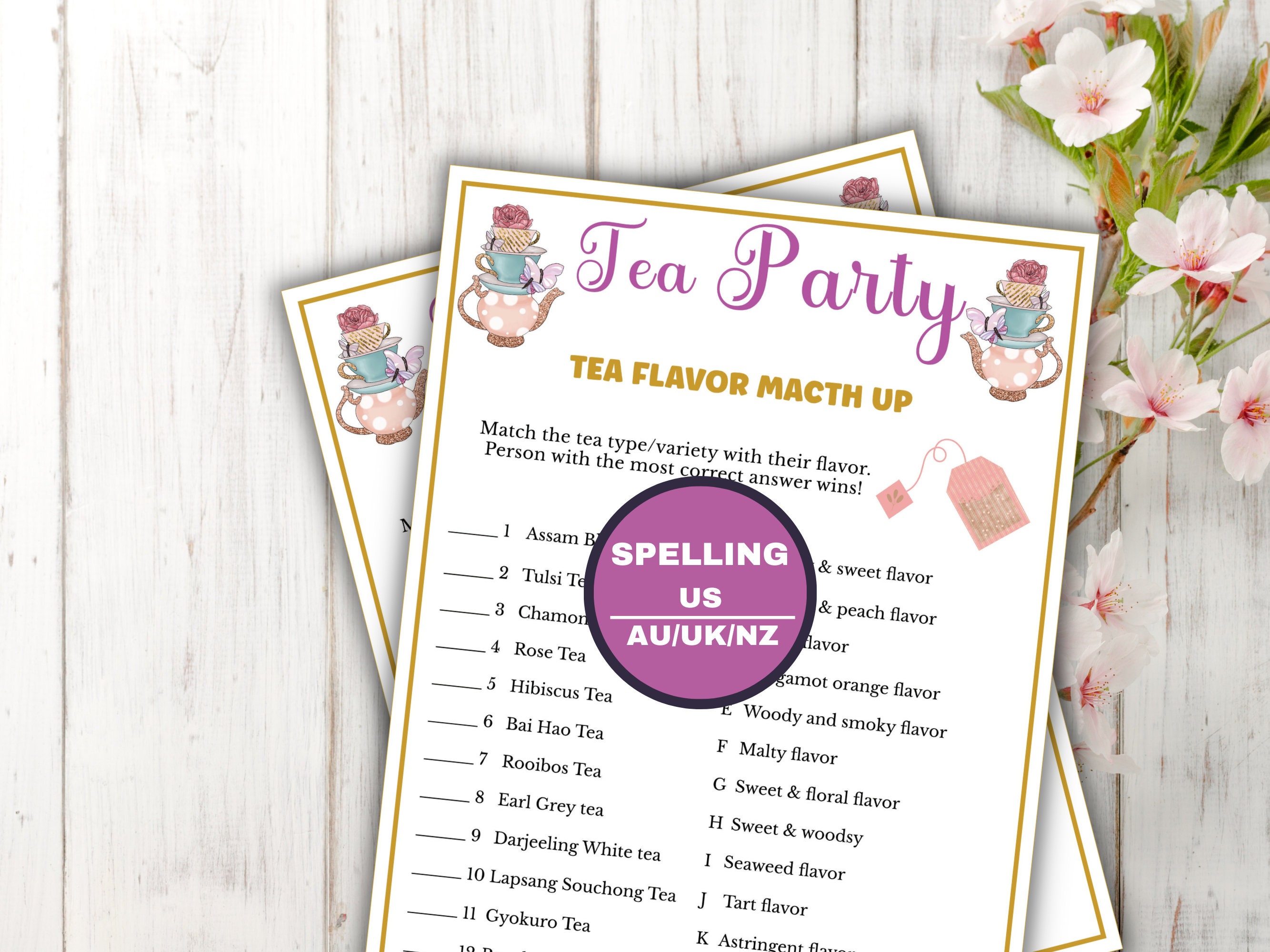 Tea Party Game - Tea Flavor Matchup - Printable Tea Party Games for ...