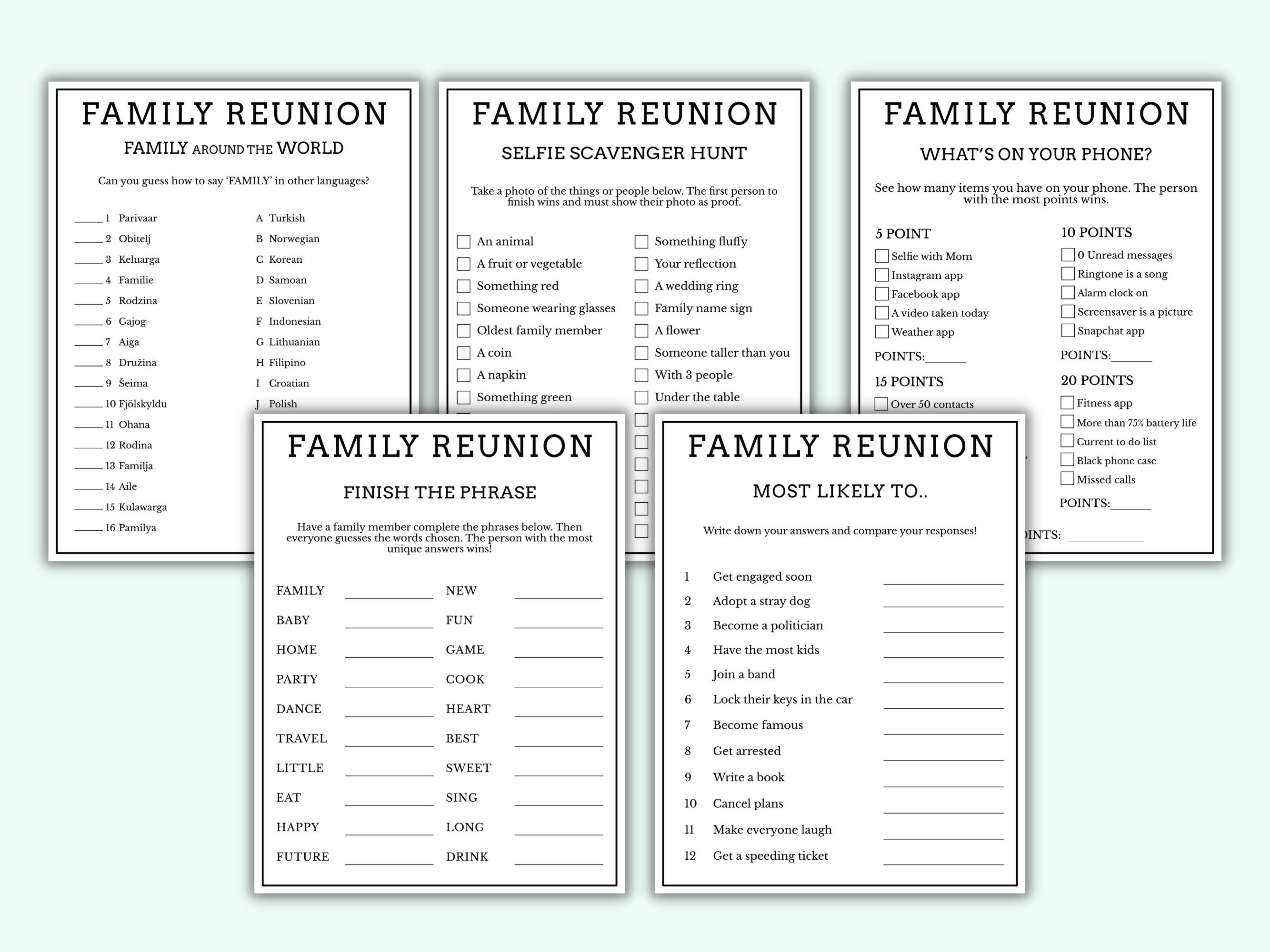 Printable Family Reunion Party Games for Family Gathering and Etsy