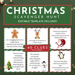 Könnte beinhalten: Eine Weihnachtsquiz-Vorlage mit 60 Hinweisen. Das Design zeigt einen grün-roten Rahmen mit festlichen Illustrationen wie einem Lebkuchenmann, einem Rentier und einem Schneemann. Der Text enthält Hinweise und Sätze wie "Bearbeitbare Vorlage enthalten".
