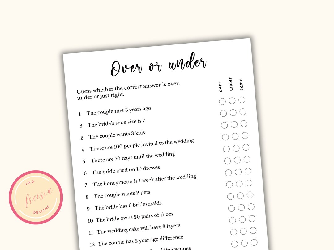 Over or Under Bridal Shower Game - Printable Couples Bridal Party Games ...