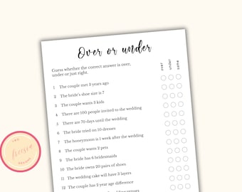 Over or Under Bridal Shower Game - Printable Couples Bridal Party Games - Joint Bridal Shower Games - Co ed Bridal Party Games - KW04