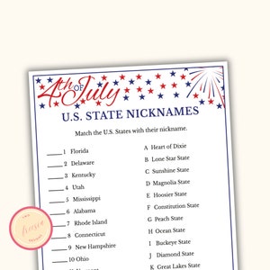 State Nicknames Match Game - Printable Fourth of July Game - Independence Day Party - 4th of July - Patriotic Game - Digital Download - F1P