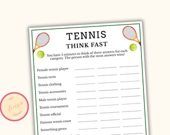 Tennis Think Fast Game - Fête sur le thème du tennis - Jeu de fête de tennis imprimable pour les tournois, les retraites et les anniversaires - PT98