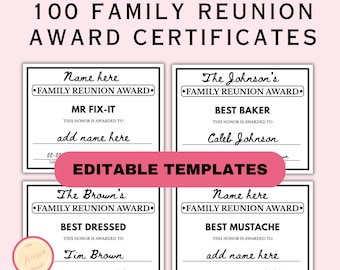 Editable Family Reunion Award Certificates - 100 Funny Family Reunion Award Templates - Fun Family Gathering Ideas - Digital Download - RP98