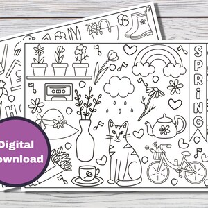 Printable Spring Doodle Coloring Pages Placemat Activity Sheet for Kids ...