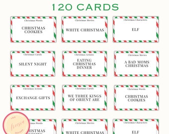 Charadas navideñas - 120 tarjetas de charadas navideñas imprimibles - Juego de fiesta navideña para adultos, niños y adolescentes - Juego grupal de fiesta navideña - XC0