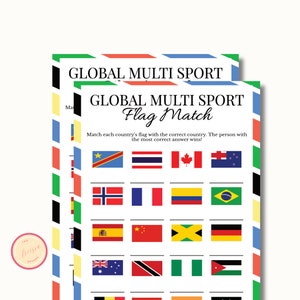 Flag Match Summer Sports Printable Games - Global Games - USA Sports Themed - Summer Activities Games  for Kids, Adults, Office Party - QL