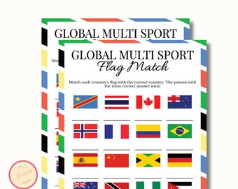 Flag Match Summer Sports Printable Games - Global Games - USA Sports Themed - Summer Activities Games  for Kids, Adults, Office Party - QL