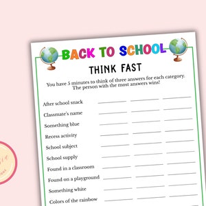 Back to School Think Fast Game - Printable Back to School Game - First ...