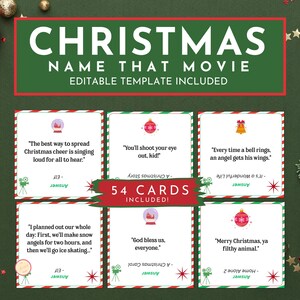 Könnte beinhalten: Ein Weihnachts-Quizspiel mit dem Titel "CHRISTMAS NAME THAT MOVIE". Das Bild zeigt 54 Karten mit Filmzitaten und Antworten. Die Karten haben rot-grüne Ränder und festliche Illustrationen.
