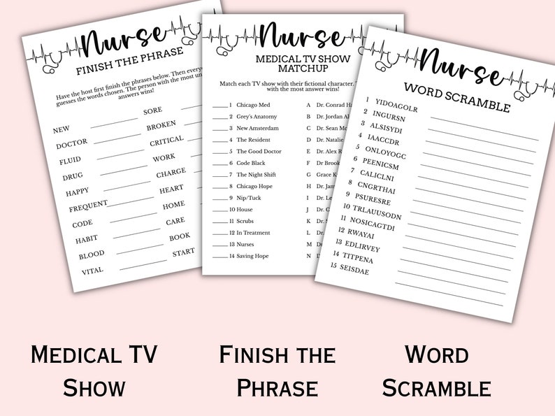 6 Printable Nurse Theme Party Games Nurse Graduation Game Etsy