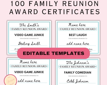 100 Editable Family Reunion Award Certificates - Funny Family Reunion Award Templates - Fun Family Gathering Ideas - Digital Download - RP98