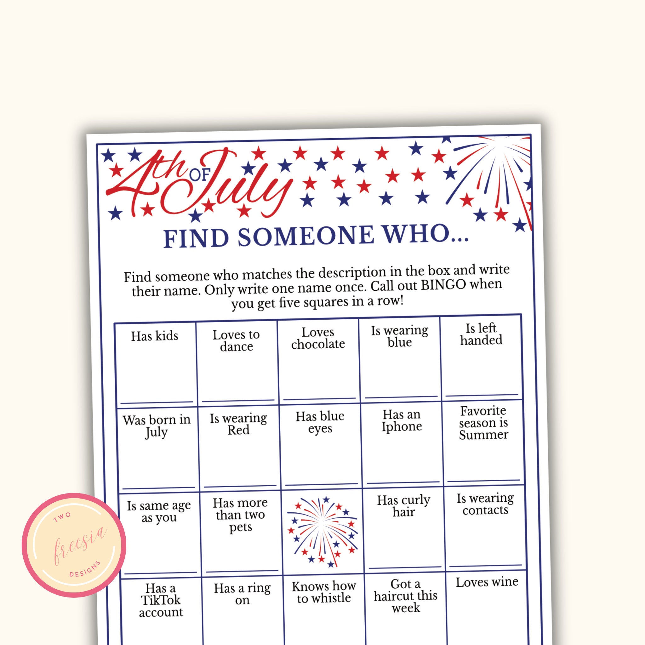 Find Someone Who Bingo Game - Printable Fourth of July Game ...