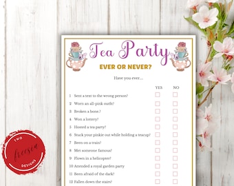 Never or Ever - Printable Tea Party Games for Birthdays, Bridal Shower, Afternoon Tea , Ladies Garden Tea Party - Kids and Adult Party