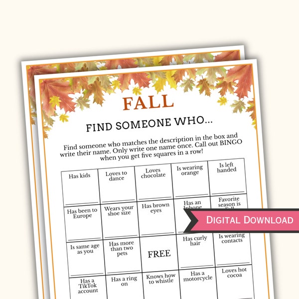 Fall Find the Guest Bingo - Printable Autumn Game - Fun Fall Time Activities for Kids & Adults - Autumn Games - Instant Download - PL04