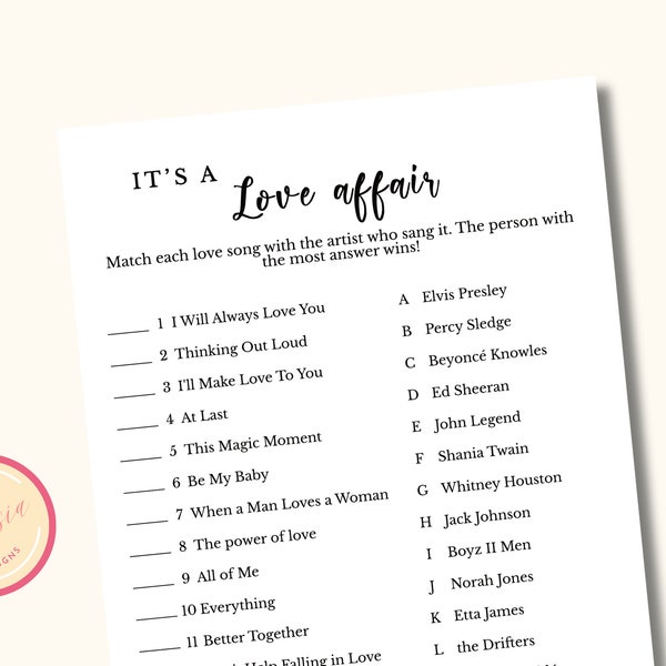 Love Song Trivia Game - Printable Couples Bridal Party Games - Joint Bridal Shower Games - Co ed Bridal Party Games - KW04