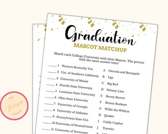 Graduation Mascot Match Game - Jeux de remise des diplômes imprimables - 2023 Graduation Party Games - College Grads - Class of 2023 Grad Party - GP01