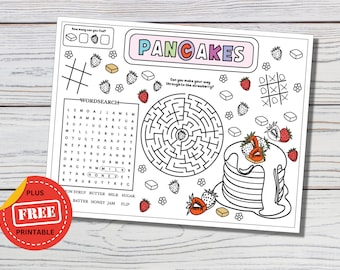 Pancakes Activity and Coloring Placemat - Party Games Sheet for Kids - 8.5 x 11, 8.5 x 14 and 11 x 17 - Digital Download