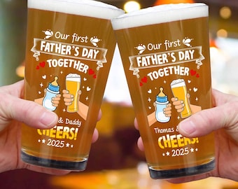 Personalized Our First Father's Day Beer Glass, Custom Name Funny Present For Dad, New Dad Beer Glass Gift, Dad Birthday Beer Glass Gifts