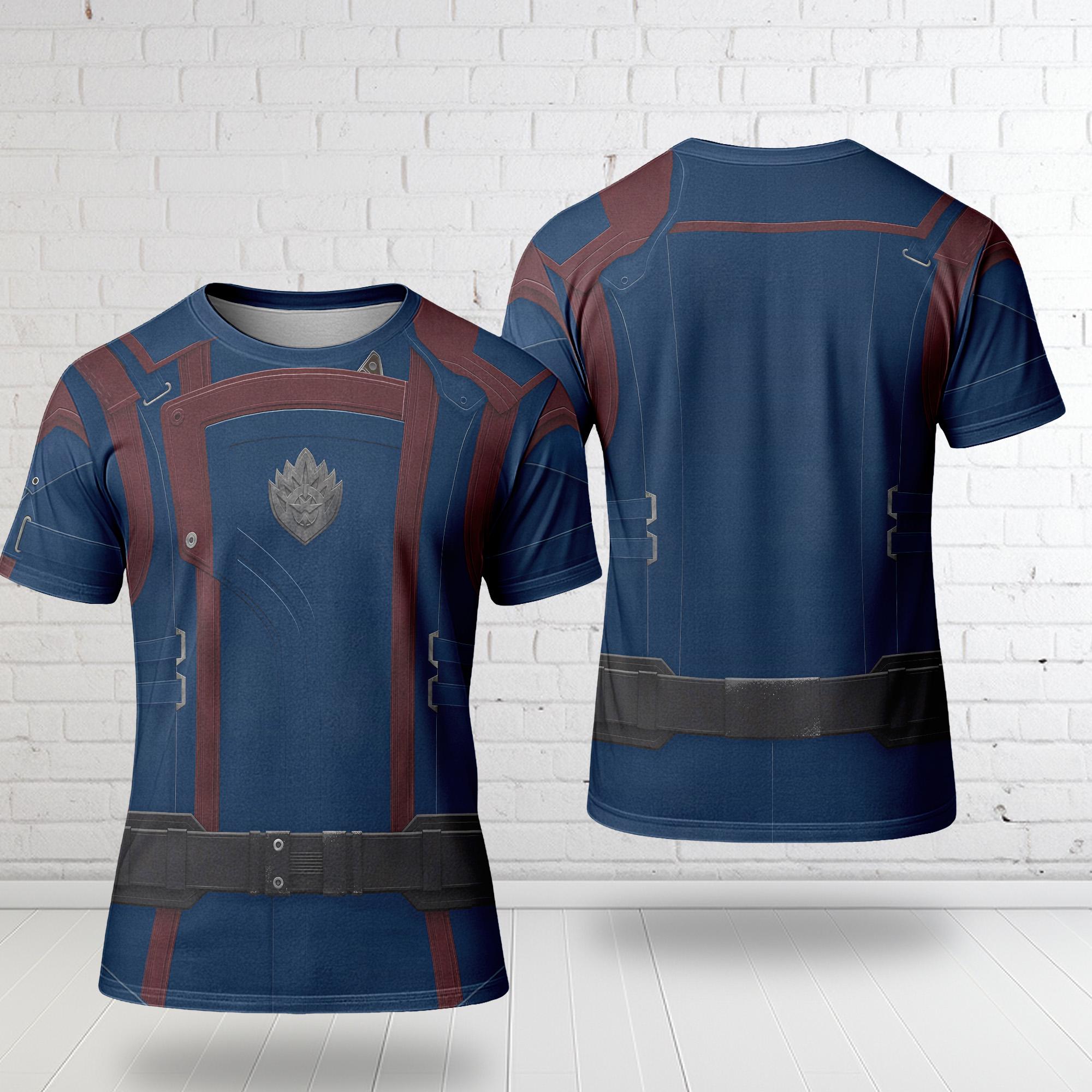 Discover Guardian Of The Galaxy Uniform Costume 3D T-Shirt, Guardian Of The Galaxy Cosplay Costume Tee, Superhero Halloween All Over Print Tee