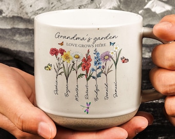 Taza de cerámica personalizada con grabado de jardín de abuela, taza de café con flores y nombre de niño, regalo para abuela, mamá, día de la madre