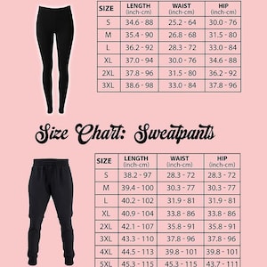 a size chart for leggings and sweatpants, providing measurements for different sizes ranging from S to L.