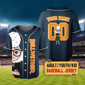 May include: Navy blue baseball jersey with a cartoon character wearing glasses and a white afro. The jersey displays the name "BELLWETHER" in orange and the number "00" on the back. The text "YOUR NAME" is above the number. Available in adult, youth, and kid sizes.
