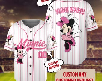 Custom Minnie Pink Bow Baseball Jersey, Mickey and Friends Baseball Shirt Sports, Birthday Gift, Magic Kingdom Family Summer Trip Matching