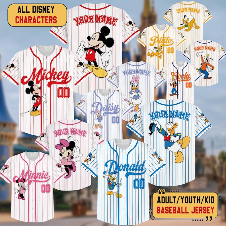Personalize Disney Mickey & Friends Cute Striped White, Custom Disneyland Baseball Team, Mickey Mouse Birthday Tee, Gift for Disney Fans zdjęcie 1