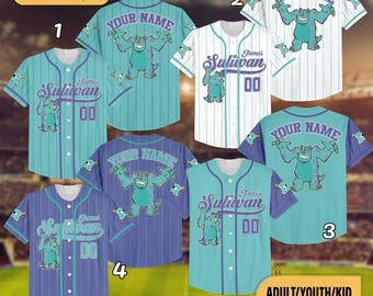 Custom Disney Monster Inc James Sullivan Cyan Simple Baseball Jersey, Personalized Monster Sulley Halloween Jersey, Disneyland Trip Shirt