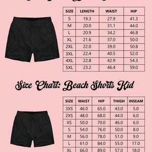 a size chart for beach shorts, including different sizes for both adults and children. The chart provides the corresponding length, waist, hip, thigh, and inseam measurements for each size.