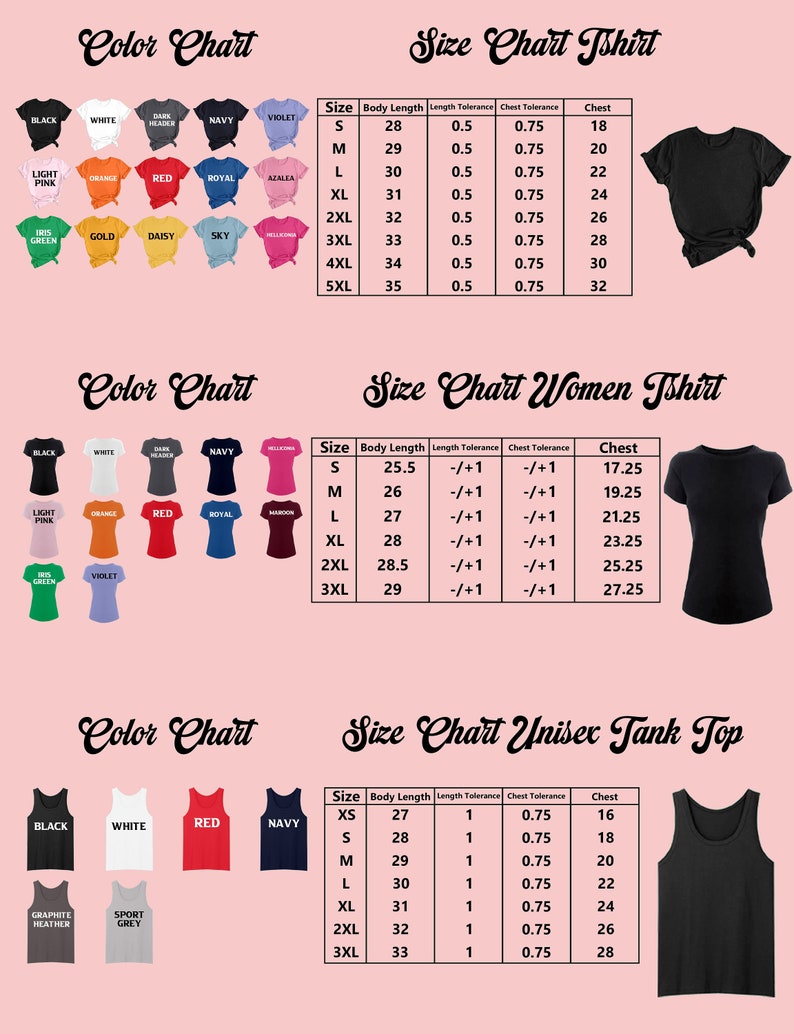 a women's t - shirt size chart with different colors and sizes