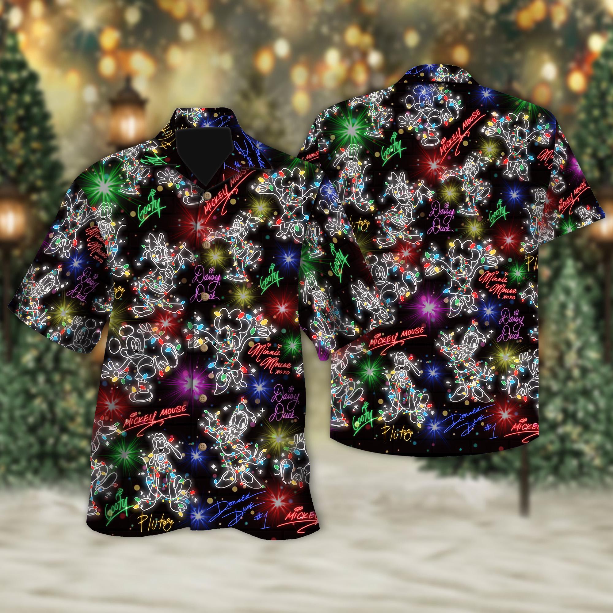 Discover Disney Mickey & Friends Christmas Bright Neon Lighting Button Up, Mickey Minniee Neon Lighting Christmas Hawaiian Shirt, Neon Christmas Shirt