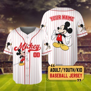 Personalize Disney Mickey & Friends Cute Striped White, Custom Disneyland Baseball Team, Mickey Mouse Birthday Tee, Gift for Disney Fans zdjęcie 2