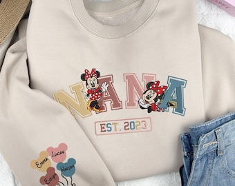 Sudadera personalizada de Disney Minnie Nana bordada, suéter personalizado de Minnie para abuela, regalo para el Día de la Madre, suéter Disney personalizado con nombre para niños