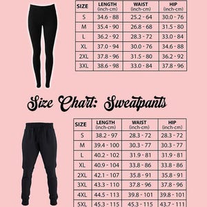 a size chart for leggings and sweatpants, providing measurements for different sizes ranging from S to L.