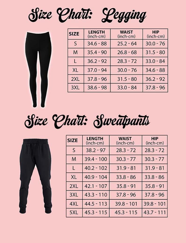 a size chart for leggings and sweatpants, providing measurements for different sizes ranging from S to L.