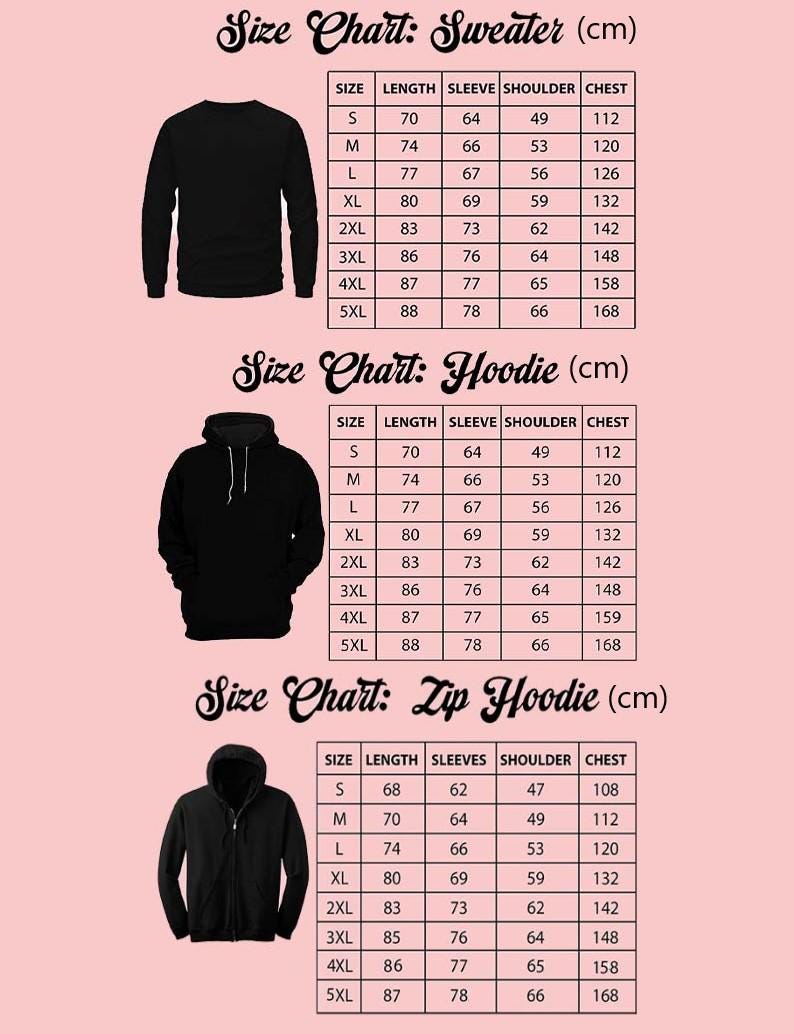 three size charts for different types of clothing items: a sweater, a hoodie, and a zip-up hoodie. The charts provide measurements for each item, including length, sleeve size, shoulder size, chest size, and waist size.