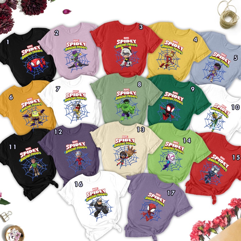 May include: A set of 17 t-shirts featuring different Marvel characters from the Spidey and His Amazing Friends cartoon. The shirts are in various colors, including red, blue, green, yellow, black, white, and purple. Each shirt has a different character on it, including Spidey, Ghost-Spider, Hulk, Green Goblin, and more.
