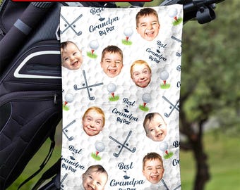 Personalized Grandkids Photo Golf Towels, Custom Face Best Grandpa By Par Golf Towel, Father&#39;s Day Gift For Dad, Grandpa, Golf Lover Gifts