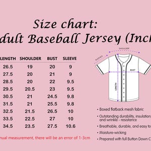 the size chart for a baseball jersey