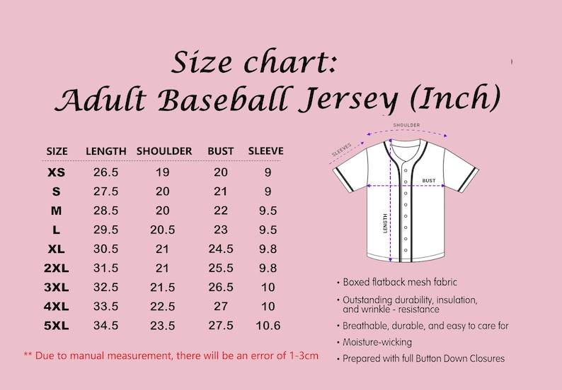 the size chart for a baseball jersey