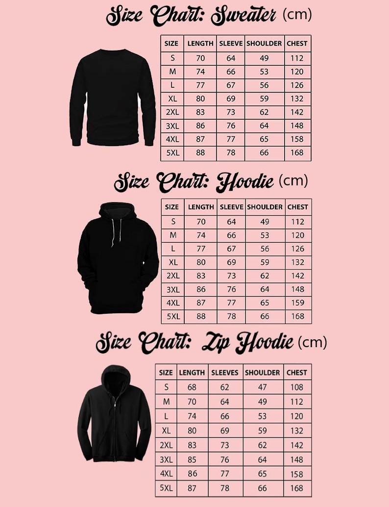three size charts for different types of clothing items: a sweater, a hoodie, and a zip-up hoodie. The charts provide measurements for each item, including length, sleeve size, shoulder size, chest size, and waist size.