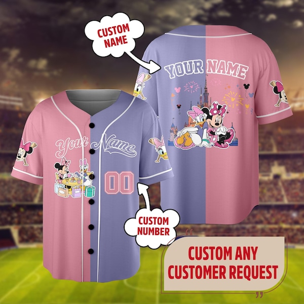 Personalized Minnie And Daisy Baseball Jersey, Custom Mickey and Friends Jersey, Magic Kingdom Baseball Team Outfit For Girls Trip