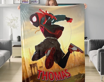 Personalized Spiderman Into The Spider-Verse Blanket, Custom Miles Morales Throw Blanket, Spiderman Birthday Gift For Kid
