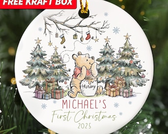 Personalized Winnie the Pooh Christmas Ornament, Baby First Christmas Ornament, Baby’s 1st, 2nd, 3rd Pooh Bear Keepsake, Family Xmas Decor