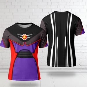 two t-shirts with distinct designs, one with a purple and red color scheme and the other with a black and white striped pattern.