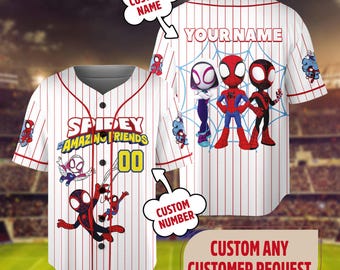 Custom Spidey And His Amazing Friends Baseball Jersey, Spider Verse Baseball Jersey Junior Hero Team Shirt, Spider Group Trip Outfit