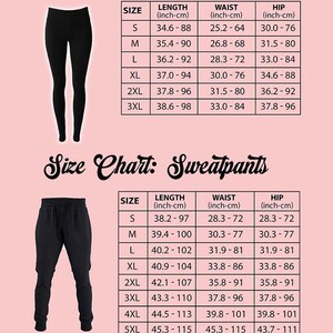 a size chart for leggings and sweatpants, providing measurements for different sizes ranging from S to L.