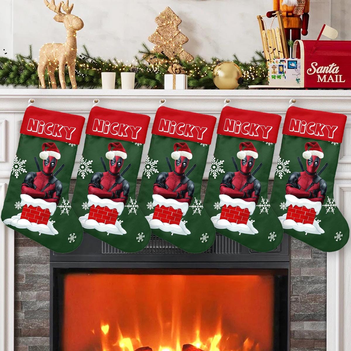 Discover Deadpool Santa Hat Xmas Stocking, Deadpool Christmas Stockings, Superhero Christmas Socks Home Decoration, Custom Name Stockings